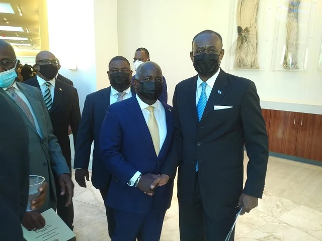 ABA (American Basketball Association) Caribbean President, Leslie Beckett Samuel posing with The Bahamas 5th and newly elected Prime Minister The Hon. Philip Brave Davis shortly after his inauguration at Baha Mar Int'l Convention Center (September 18, 2021)